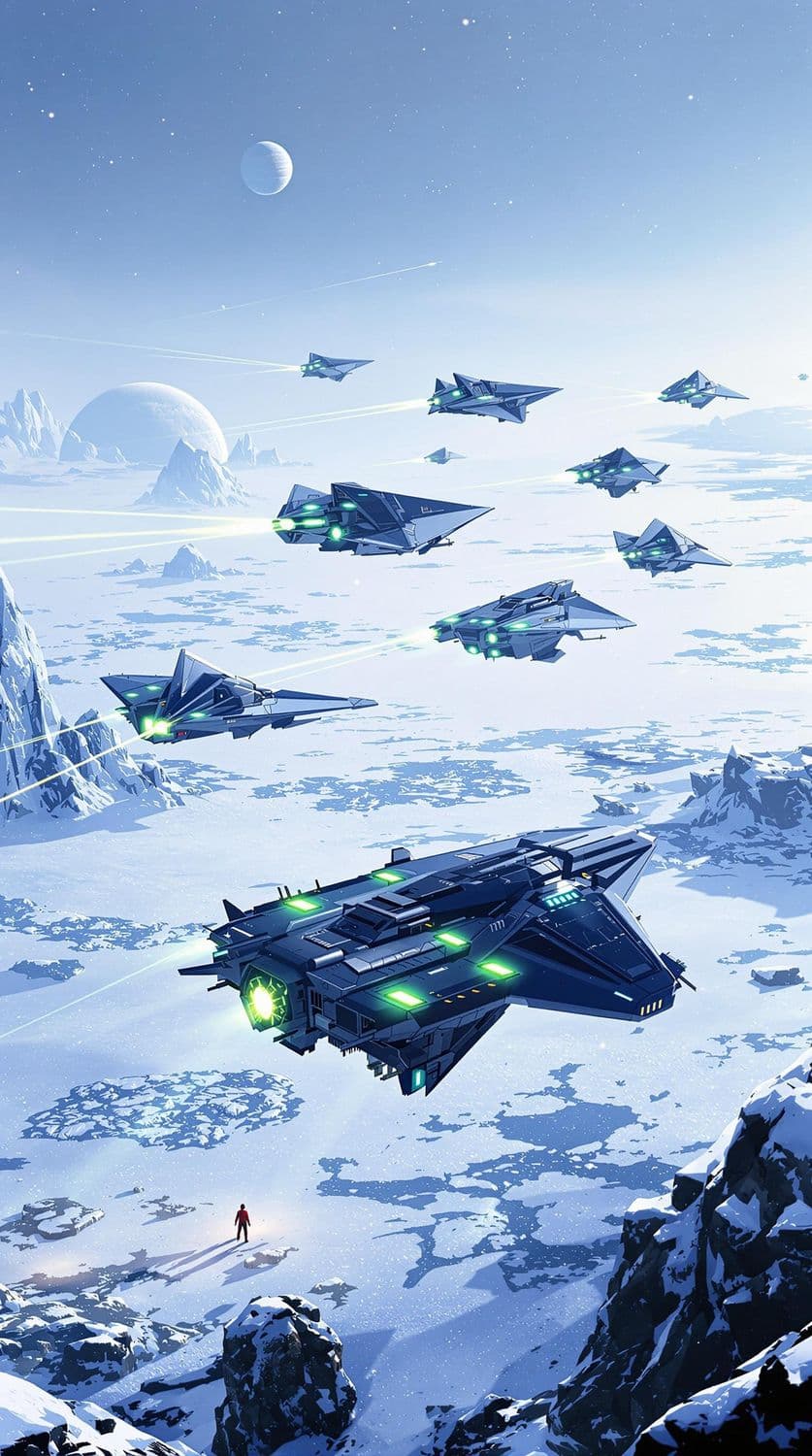 Flying Crafts Over Alien Tundra